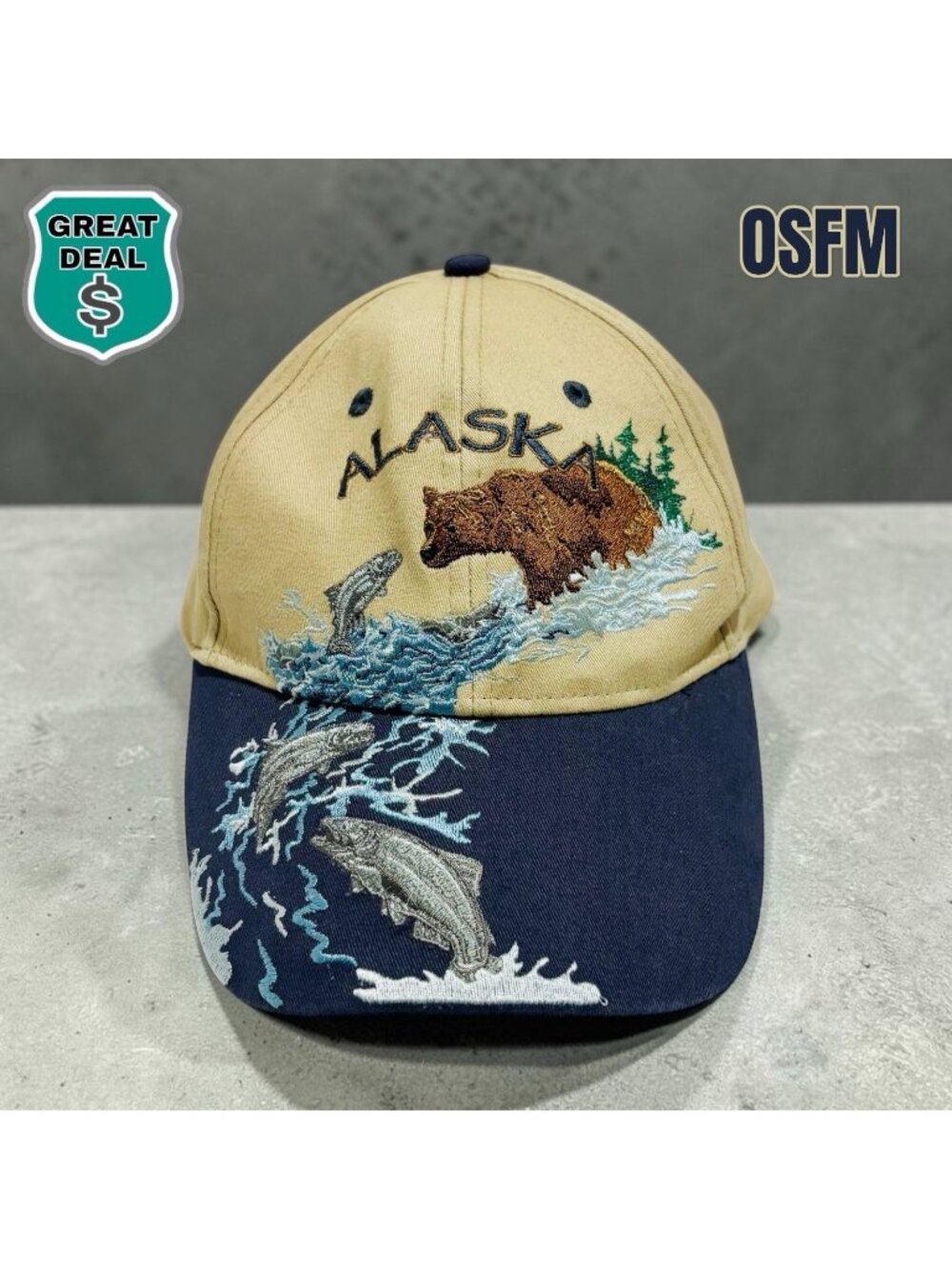 Artic Circle Alaska Embroidered Brown Bear Fish Headgear Baseball Hat Adjustable